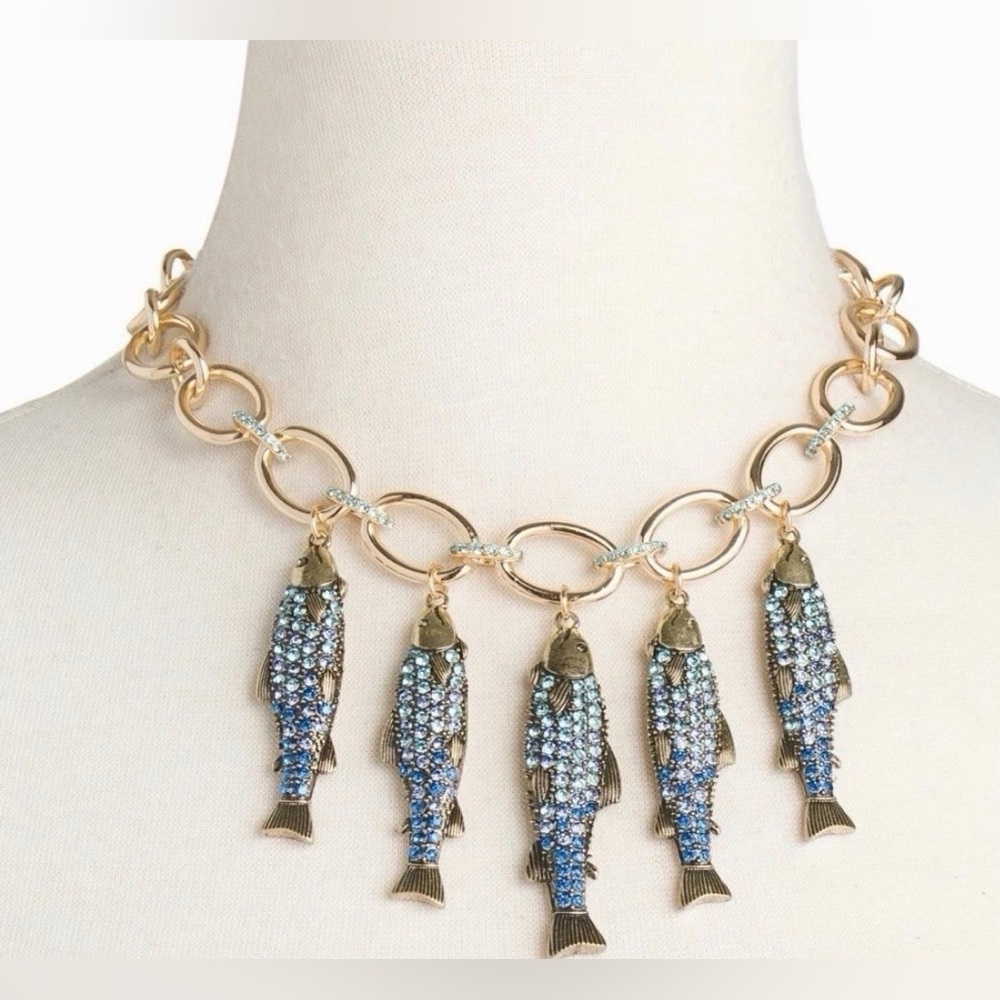 NWT โ๏ธ๐โ๏ธ Betsey Johnson Mermaid Jewels Blue Rhinestone Sardine Fish Necklace - Picture 3 of 16